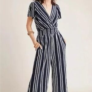 Anthropologie Dolan Navy Sz Small Left Coast Cotton Stripe Wide Leg Jumpsuit